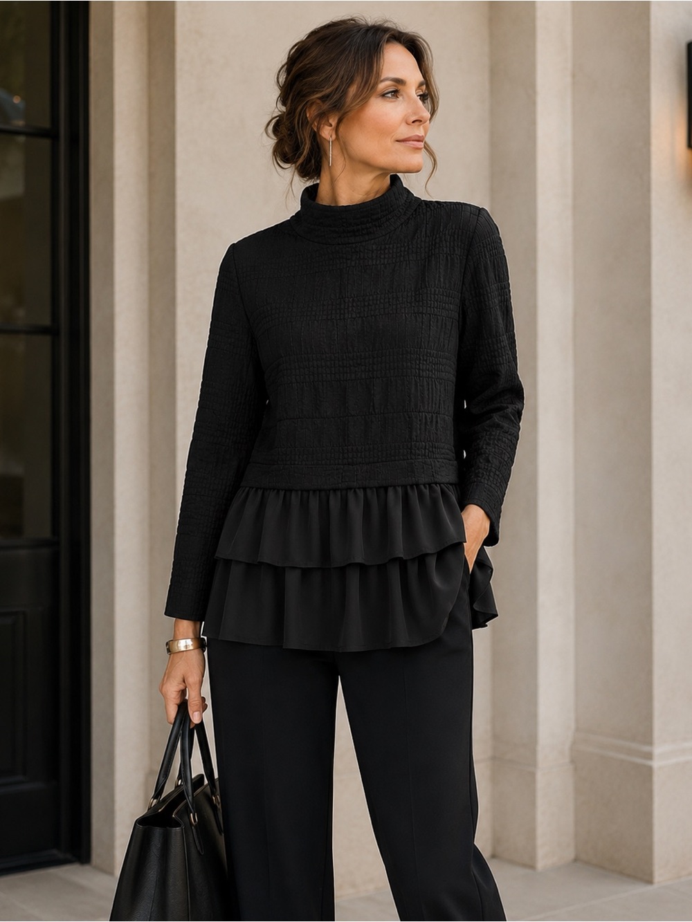 IC COLLECTION BLACK LAYERED TEXTURED SMOCKED CREW FUNNEL NECK TUNIC TOP M